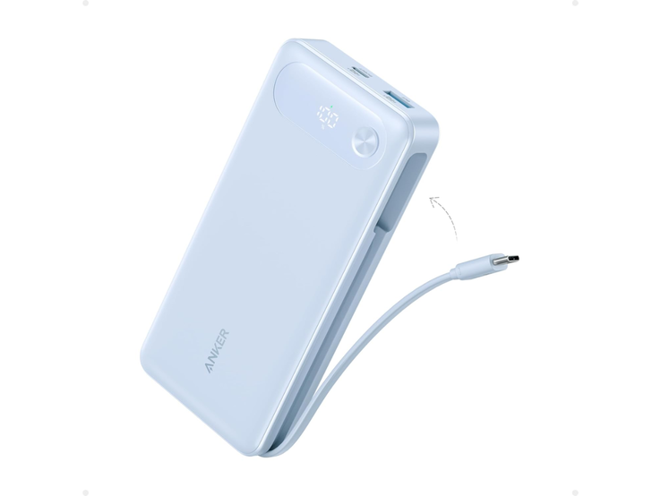 El banco de energía Anker (20K, 87W, cable USB-C integrado) en azul brumoso