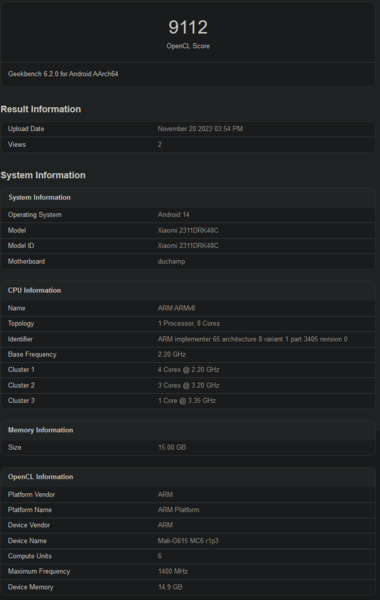 Referencia Geekbench OpenCL del MediaTek Dimensity 8300 (imagen vía Geekbench)