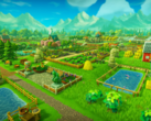 Farm Together 2 cuenta con nuevas funciones como la terraformación, la construcción de ciudades y la automatización mejorada. En la imagen, una captura de pantalla aérea de una granja verde del juego. (Fuente de la imagen: Steam)