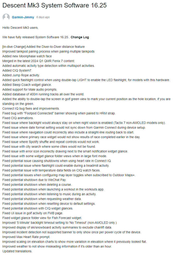 El registro de cambios del software del sistema Descent Mk3 16.25. (Fuente de la imagen: Garmin)
