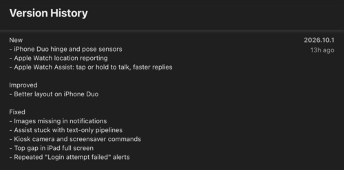 El registro de cambios de la versión 2026.10.1 de la app Home Assistant para iOS