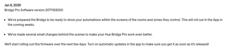 El registro de cambios de la última actualización de software para los dispositivos Philips Hue Bridge. (Fuente de la imagen: Philips Hue)