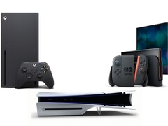 En la imagen se muestran la Xbox Series X, la Sony PS5 Slim Disc Edition y la Nintendo Switch 2