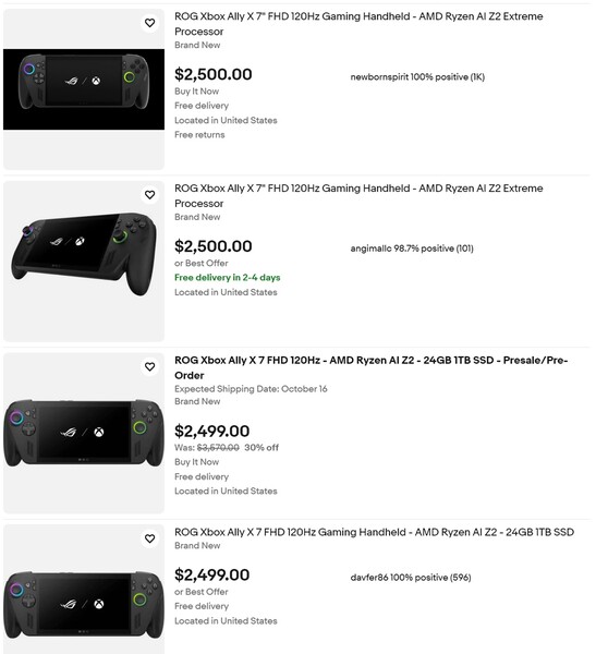 Precios de Asus ROG Xbox Ally X en eBay (Fuente de la imagen: captura de pantalla, eBay)