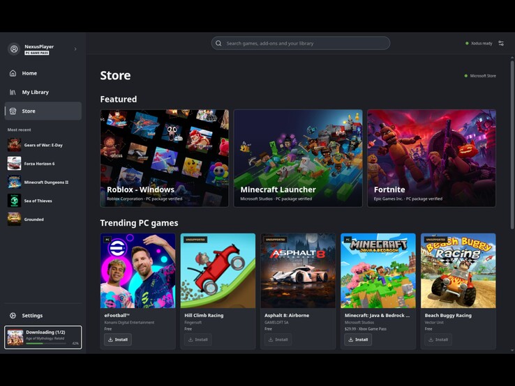 La página de la tienda está diseñada para que los usuarios de Steam Deck puedan descargar juegos de Microsoft Store y PC Game Pass. (En la imagen: una captura de pantalla del lanzador Xodus Nexus.)