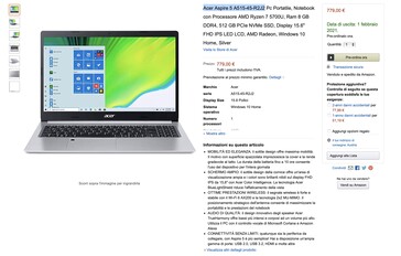 Acer Aspire 5 A515 con Ryzen 7 5700U en la lista de Amazon Italia. (Fuente: Amazon.it)