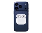 Render no oficial del iPhone 17 Pro con AirPods 4. (Fuente de la imagen: @Skyfops en X y Apple, editado)