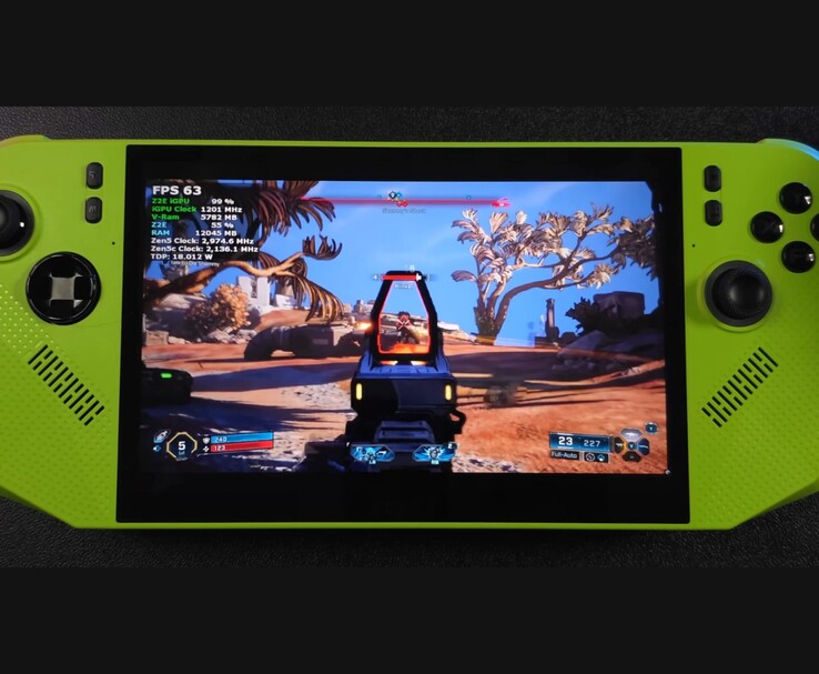 Borderlands 4 ejecutándose en el dispositivo portátil MSI Claw 8 AI con AMD Ryzen Z2 Extreme, mostrando contador de FPS en pantalla y superposición de rendimiento durante el juego (ETA PRIME vía YouTube)