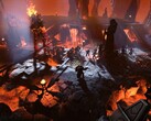 Una imagen que muestra una batalla contra un gigante de fuego en Age of Wonders 4.