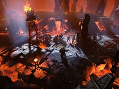 Una imagen que muestra una batalla contra un gigante de fuego en Age of Wonders 4.