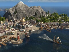 Una imagen que muestra una ciudad en una isla en Anno 1800.