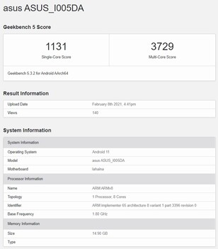 Asus ROG Phone 5. (Fuente de la imagen: Geekbench)