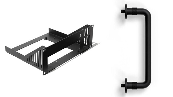 Estante 2U Mini-ITX DeskPi RackMate de 10 pulgadas de Framework y asa de escritorio de Framework. (Fuente de la imagen: Framework)