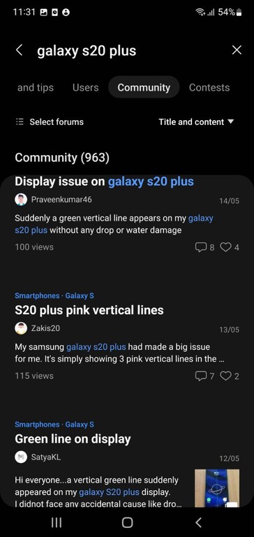Los usuarios se quejan de los problemas de visualización de Galaxy S20 Plus en Samsung Members (imagen vía propia)