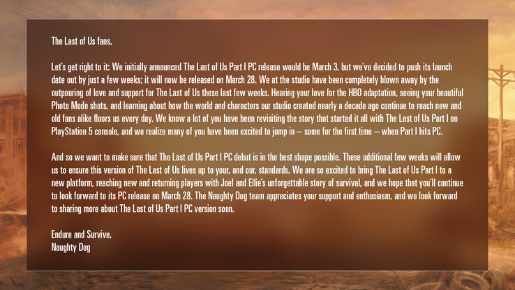 Declaración de Naughty Dog sobre el port para PC de The Last of Us Part 1 (imagen vía Naughty Dog)
