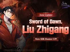 Material gráfico promocional oficial del estandarte de personajes de la Espada del Amanecer que presenta al cazador de la SSR Liu Zhigang.