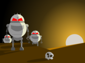 Robots caricaturescos junto a una calavera humana