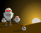 Robots caricaturescos junto a una calavera humana