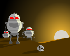 Robots caricaturescos junto a una calavera humana