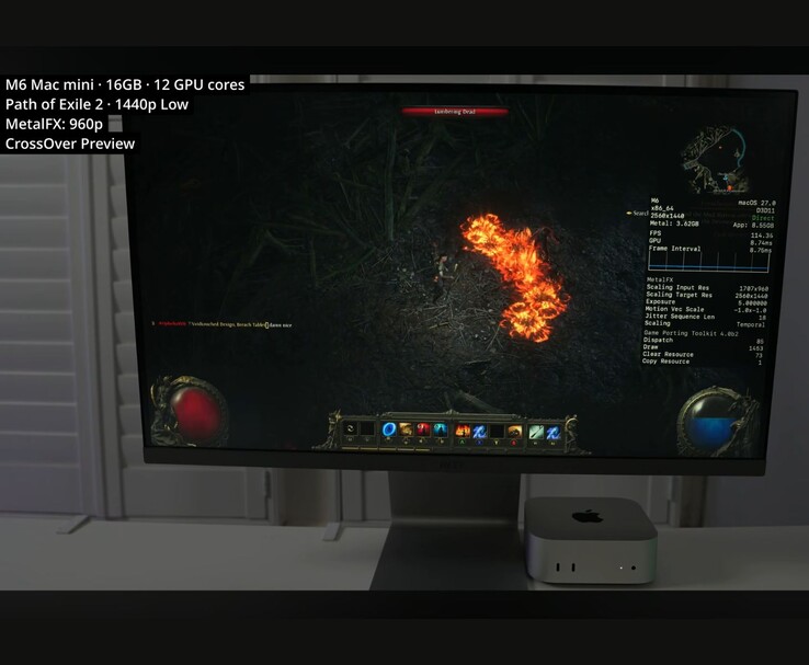 Path of Exile 2 se ejecuta en un Mac mini M6 de 16 GB a través de CrossOver a una resolución de 1440p con la configuración baja.