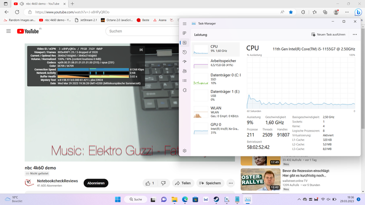 reproducción 4K en YouTube: baja utilización de la CPU y la iGPU del 9% y el 31% - pocas caídas de fotogramas