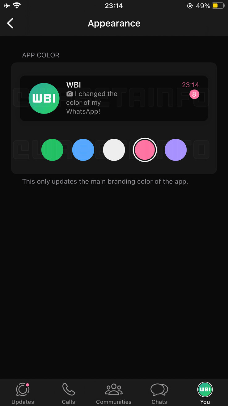 Personalización del color del tema de la aplicación vista en la beta de WhatsApp (Fuente de la imagen: WABetaInfo)