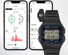 Reloj digital Casio F-B100W mostrado delante de dos pantallas de smartphone en las que se muestra su aplicación Life Log conectada, con datos de seguimiento de pasos y actividad.
