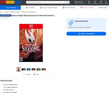 Hollow Knight Silksong Switch 2 RTV Euro AGD listing (Fuente de la imagen: captura de pantalla, RTV Euro AGD)