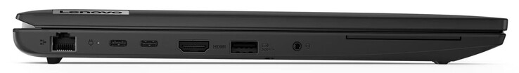 Lado izquierdo: Gigabit Ethernet, USB 3.2 Gen 2 (USB-C; Power Delivery, Displayport), HDMI, USB 3.2 Gen 1 (USB-A), combo de audio, lector SmartCard