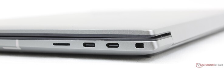 Derecha: Lector MicroSD (opcional), 2x USB-C con Thunderbolt 4 + DisplayPort + Power Delivery, Cierre de cuña