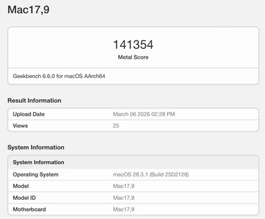 Puntuación de metal para el Apple M5 Pro.