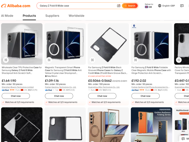 Galaxy Cajas Z Fold 8 Wide listadas en Alibaba.