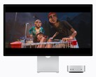 La imagen muestra el nuevo Mac mini M6 junto a una pantalla Studio. Se está reproduciendo algún tipo de vídeo.