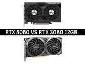 Imagen lado a lado de las tarjetas gráficas Nvidia GeForce RTX 5050 y RTX 3060 de 12 GB (Fuente de la imagen: Imágenes de producto vía Gigabyte y MSI. Compuesto creado por Anmol Dubey vía Notebookcheck).