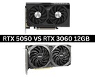 Imagen lado a lado de las tarjetas gráficas Nvidia GeForce RTX 5050 y RTX 3060 de 12 GB (Fuente de la imagen: Imágenes de producto vía Gigabyte y MSI. Compuesto creado por Anmol Dubey vía Notebookcheck).