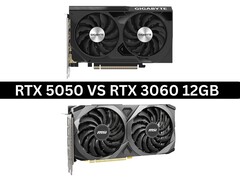 Imagen lado a lado de las tarjetas gráficas Nvidia GeForce RTX 5050 y RTX 3060 de 12 GB (Fuente de la imagen: Imágenes de producto vía Gigabyte y MSI. Compuesto creado por Anmol Dubey vía Notebookcheck).