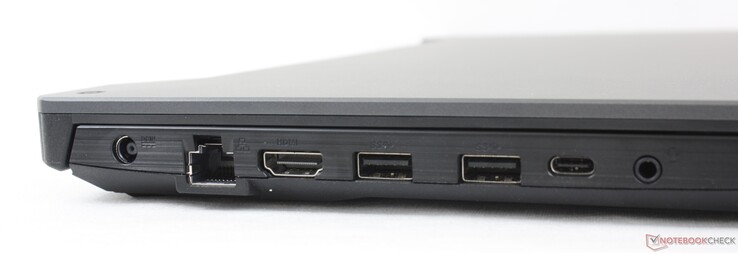 Izquierda: adaptador de CA, RJ-45 Gigabit, HDMI 2.0b, 2 USB-A 3.2 Gen. 1, USB-C con Thunderbolt 4 y DisplayPort (sin carga para el portátil), audio combinado de 3,5 mm