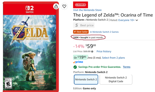 Se muestran la ficha de Zelda: Ocarina of Time en Amazon y sus ventas