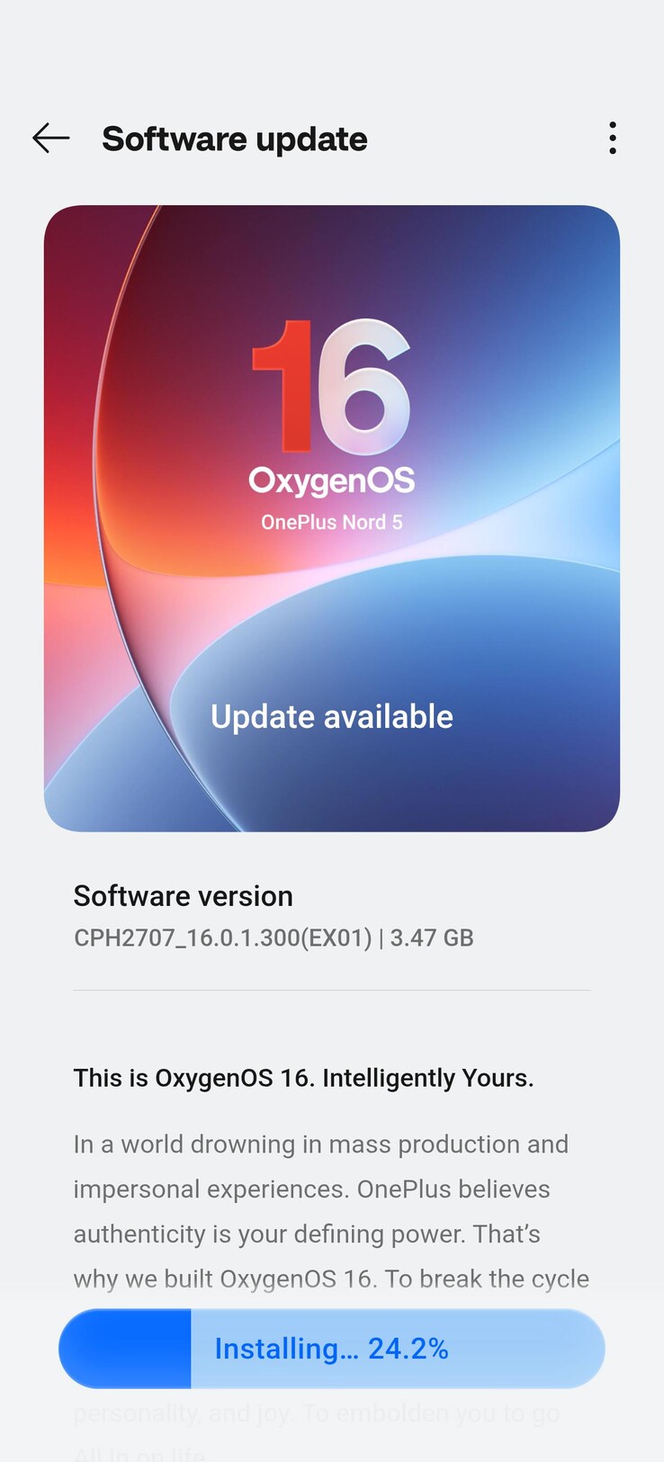 OTA de OxygenOS 16 en OnePlus Nord 5. (Fuente de la imagen: u/Which_Total1708 vía Reddit)