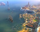 Una imagen en la que se ven edificios y barcos de «Humankind», ahora con un 90 % de descuento.