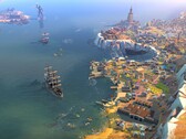 Una imagen en la que se ven edificios y barcos de «Humankind», ahora con un 90 % de descuento.