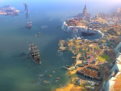 Una imagen en la que se ven edificios y barcos de «Humankind», ahora con un 90 % de descuento.
