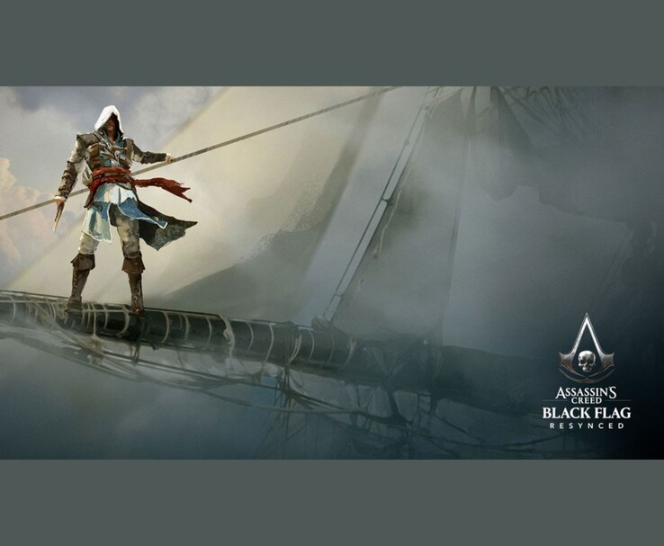 Ilustración oficial de Assassin's Creed Black Flag Resynced que muestra a Edward Kenway de pie sobre el mástil de un barco.