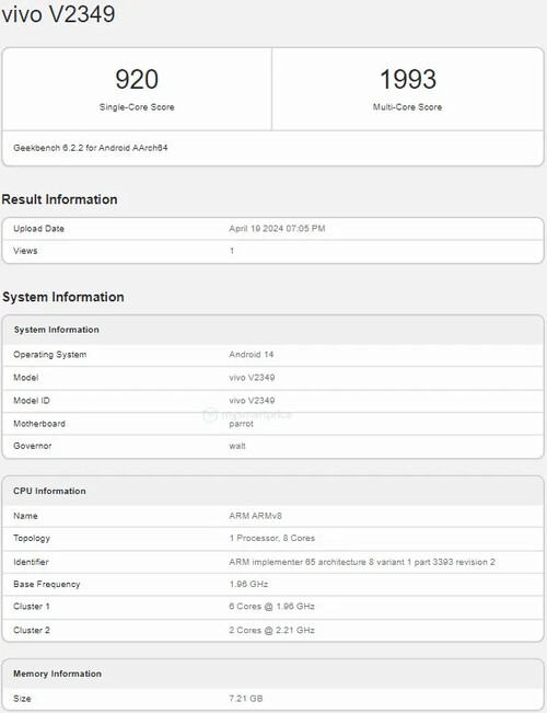 El Vivo V30 SE (o V2349) y el V40 SE (V2337) parecen prácticamente idénticos en Geekbench...