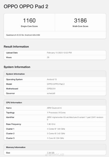 La segunda generación de la tableta Android de OPPO parece visitar Geekbench antes de su lanzamiento. (Fuente: Geekbench vía WHYLAB)