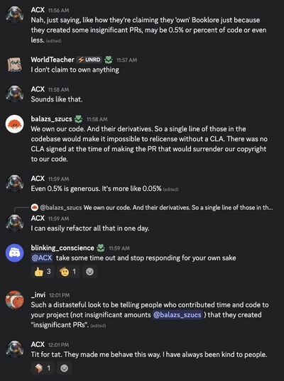 Un extracto de una conversación en discordia con el desarrollador de Booklore sobre los cambios en el acuerdo de licencia y el requisito de cubrir las contribuciones de la comunidad bajo un CLA