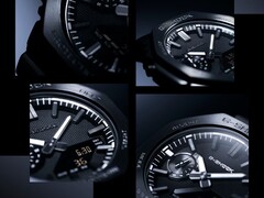 Collage de imágenes en primer plano en las que se aprecian la textura de la esfera, los índices horarios y el bisel del Casio G-Shock GM-2100LXB.