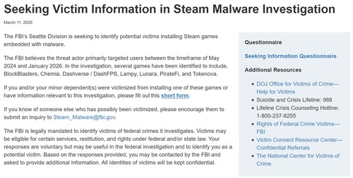 Aviso del FBI sobre la investigación del malware de Steam