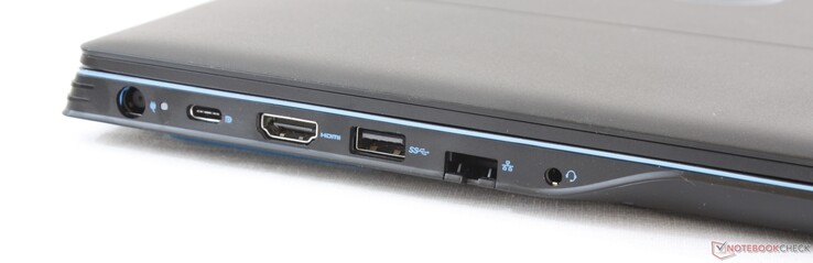 Izquierda: adaptador de CA, USB tipo C + puerto de pantalla, HDMI 2.0, USB 3.1, RJ-45, audio combinado de 3.5 mm