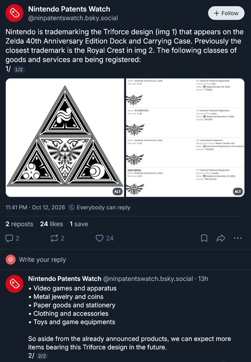 Se muestra la marca registrada Triforce de Nintendo